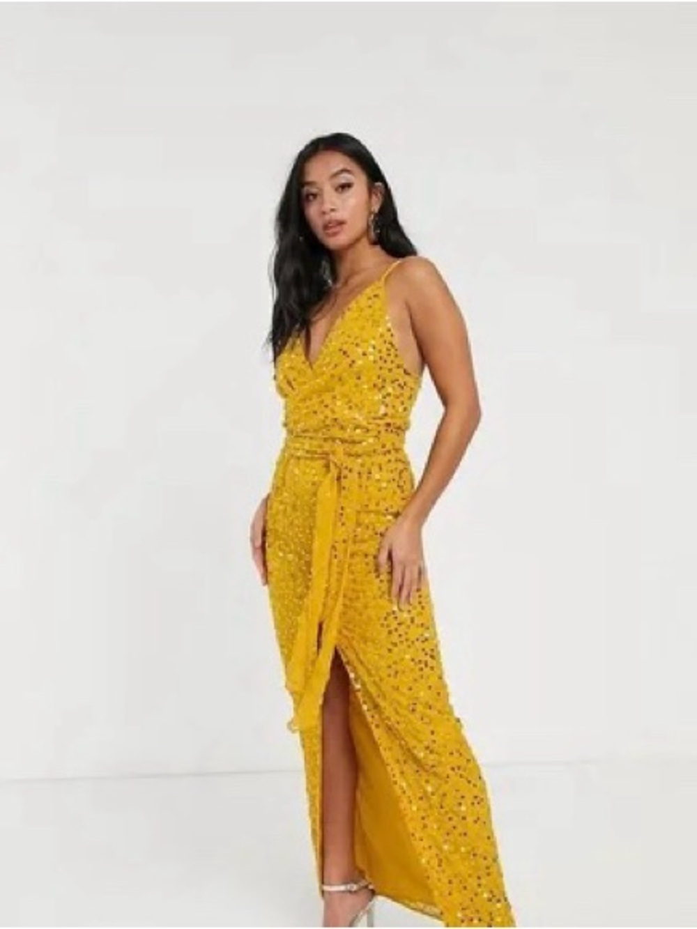 Asos Maxi Dress Size 6 Wrap Waist Scatter Sequin Gold Mustard Front Slit NWT